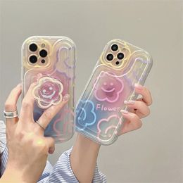 Korean Sun Flower Holder Transparent Phone Case For iphone 15 14 12 13 11 Pro Max Plus Girl Cute Floral Stand Clear Soft Cover
