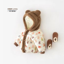 Down Coat 2024 Winter Baby Boys Quilting Cartoon Bear Plus Velvet Long Sleeve Infant Jacket Warm Hooded Toddler Boy Outwear