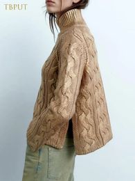 Metallic Gold Turtleneck Sweater For Women Autumn Fashion Loose Long Sleeve Split Knit Pullover Winter Chic Lady Casual Knitwear 240105