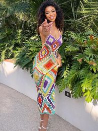 Sifreyr Handmade Crochet Knitted Maxi Dress Women Summer Halter Backless Beachwear Sundress Bohemian Multi Colour Wedding Dress 240104