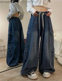 Women's Jeans Grunge Hot Girl Vintage Big Pocket Oversized Baggy Cargo Jeans Femme Elastic Waist Straight Wide Leg Pants Denim Trousers women YQ240104