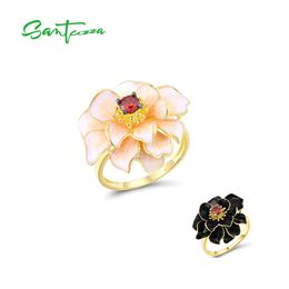 Bracelet Santuzza Pure Sterling Sier Rings for Women Glamorous White Black Lotus Flower Garnet Trendy Fine Jewelry Handmade Enamel