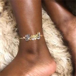 Anklets Custom Double Plate Name Anklet With Heart Personalised Hip Hop Letter Feet Chain Beach Leg Jewellery Stainless Steel Nameplate