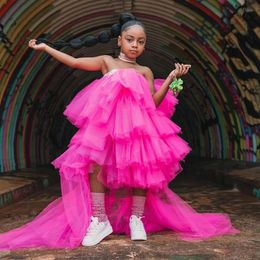 Lovely Pink Puffy Tiered Ruffled Tulle Dress Girls Lastic Waist Straplss Hi Low Long Dresses For Birthday Party 240104