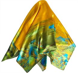 Large Square Silk Scarf Foulard Kerchief For Women Female Satin Hair Scarves Unique Hijab Printed Hill Trees 858 B31465637