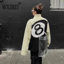 WXIBEI 2023 Vintage Lamb Fur Coat Women Autumn Winter Warm Double Sided Fleece Outwear Black 8 Billiards Print Jacket 1A037 240104