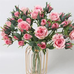 Decorative Flowers 5Head Artificial Silk Rose Colorful Bouquet With Leaves Wedding Anniversary Decorations Home Party Supplies