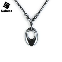 Simple Men Women Natural Stone Hematite Hollow Oval Pendant Necklace Hight Quality Charm Choker Clavicle Chain Jewellery Gifts 240104