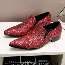 Dress Shoes Calzado Hombre Designer Red Glitter Men Pointed Toe Genuine Leather Slip On Fashion Office Flat Heels