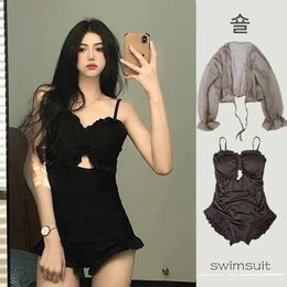 Dresses 2023 Women Black Swimwear OnePiece Solid Cover Swimsuit Korean Style Beach Wear Monokini