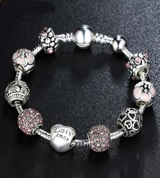 Antique 925 Silver Charm Fit Bangle Bracelet with Love and Flower Crystal Ball for Women Wedding PA14552607415