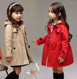 Jackets Spring Autumn British Style Girls Coats Long Solid Colour Waist Retraction Fashion Windbreak For 3-12 Years Kids Hooded Outerwear