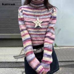 Karrram Japanese Y2k Turtleneck Sweater Vintage Rainbow Striped Pullover Korean Fashion Knitted Jumper Harajuku Grunge Knitwear 240104