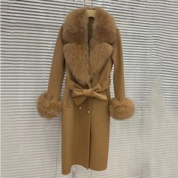 Long Women Wool Cashmere Blended Coat with Big Real Fox Fur Collar Fashion Winter Jacket double breasted Belt Outwear Cuff 240105