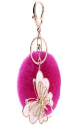 Keychains Fur Pom Keychain Fashion Butterfly Car Key Chain Fluffy Ring Decoration Handbag Rex Keyring8531903