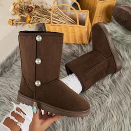 Boots 2024 Plus Size Shoes For Women Light Mid-Calf Women's Warm Snow Pearl Round Toe Slip On Flat With Ladies