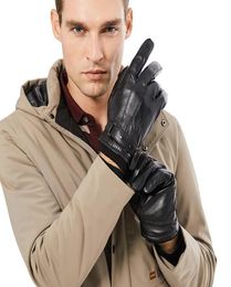 Men Genuine Sheepskin Leather Gloves Autumn Winter Warm Touch Screen Full Finger Black Gloves High Quality5248760