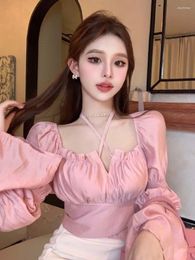 Women's Blouses Shpmishal French Square Neck Hanging For 2024 Fresh Tie Waist Flared Sleeve Top Female Clothing