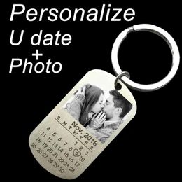 Rings Personalized Engraved Photo Keychain Customize with Your Photo Date Name Text Calendar Keyring Pendant Stainless Key Chain