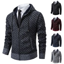 Men's casual winter thick warm knit cardigan with wool lining hooded jacket sweater zipper jacket jacket top 240105