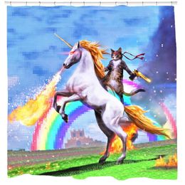 Cool Cat Shower Curtain Set Man Cave Bathroom Decor Awesome Hero Unicorn Shooting Fire Blue Polyester Fabric 12 Hooks Included 240105