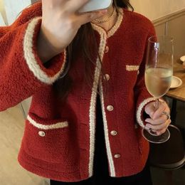 QWEEK Red Women's Winter Jacket Korean Fashion Tweed Jackets Lamb Wool Coats Vintage Harajuku Long Sleeve Female Outwear Elegant 240104