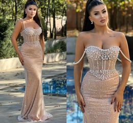 Stunning Beaded Sequine Evening Pageant Dress 2024 Spaghetti Straps Champange Formal Party Prom Gowns Celebrity Style Vestidos De Gala Robe De Soiree