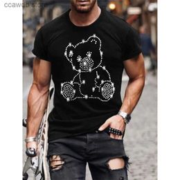 Men's T-Shirts Men's Quality Fashion T-Shirts Casual Streetwear Short Sleeve Bear Hot Drill Men Clothing Tee Tops O-Neck Rhinestone Tshirt Y2K T240105