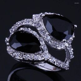 Cluster Rings Fantastic Pear Black Cubic Zirconia White CZ Silver Plated Ring V0470