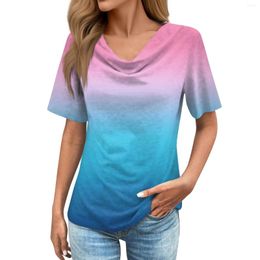 Women's T Shirts Fashion Casual Pile Collar Gradient Printed Short Sleeves 2024 Plus Size T-Shirt Tops Versatile Sleeve