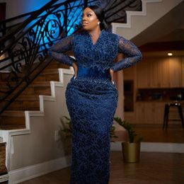 Fulllace Navy Blue Plus Size Aso Ebi Prom Dresses Mermaid V Neck Long Sleeves Lace Elegant Evening Dresses for Special Occasions Birthday Party Gowns Outfit ST748