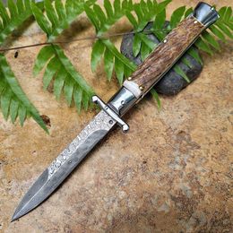 9 Inch Italian Style Stiletto Mafia Single Action Automatic Pocket Knife Damascus Antlers Handle Hunting Self Defence Survival Auto Tactical Knives UT88 UT85 3400