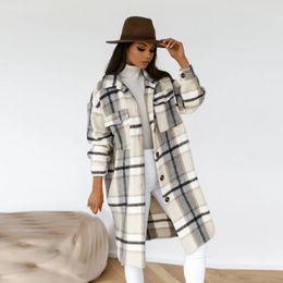 Women's Outerwear Fashion Plaid Woolen Coat Long Sleeve Plaid Print Button Open Front Long Cardigan Outerwear 231229