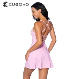 Skirts Cugoao Women Sexy Tennis Dress with Shorts for Women Solid Halter Backless Golf Baminton Dresses Suit Gym Fiess Sportswear