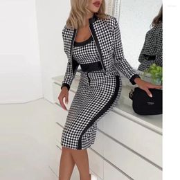 Work Dresses Women's Houndstooth Printed Long Sleeve Zipper Coat Camis And Bodycon Midi Skirt Fashion Chic Three Piece Set Outfits