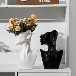 Modern Art Abstract Side Face Vase Head Ceramic Vase Dried Flowers Table Decoration Living Room Office Decoration Home Decor 240105