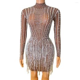 Stage Wear Brown Shining Pearls Tassel Long Sleeves Sexy Sheath Dress For Women Evening Prom Clothing Party Singer Costumes