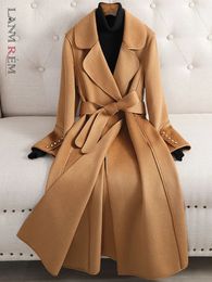 LANMREM Long Double Sided Wool Coat Lapel Solid Colour Belt Winter Elegant Style Streetwear High End Clothing 2DA1960 240105