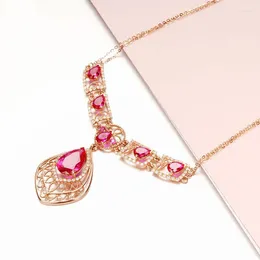 Pendant Necklaces 585 Russian Purple Gold Inlaid Droplet Red Stone Necklace Fashion Women's 14K Color Plated Lock Bone Chain Exquisite