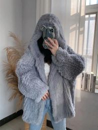 Autumn Winter Rabbit Fur Knitted Genuine Real Coat Women Fashion 70cm Lenght Jacket Outerwear Length Long 240104