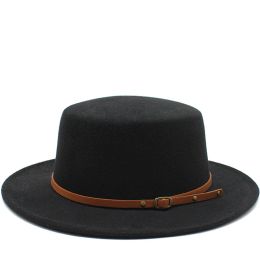 French Style Belt Wide Brim Buckle Flat Top Top Hat for Women Autumn Winter British Retro Versatile Woolen Jazz Hat