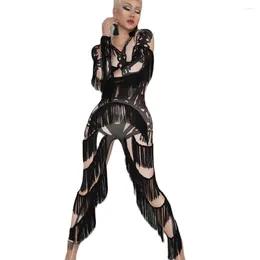 Stage Wear Black Fringe Print Women Jumpsuits Sknny Elastic Bodysuit Nightclub Singer Dancer Performance Evening Prom Outfit