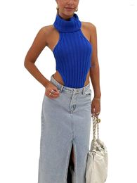 Women's Tanks Women Knitted Halter Tops Solid Colour Turtleneck Backless Shirt Sleeveless For Streetwear Summer Aesthetic Clothes