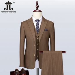 S-5XL Jacket Vest Pants Classic Striped Business Workwear Groom Wedding Dress Korean Slim Fit Suit 3Piece Set Prom Tuxedo 240104