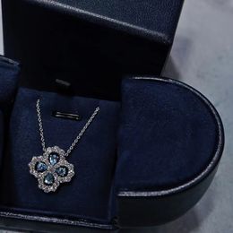 S925 Silver Luxury Four Leaf Clover Necklace for Women full diamond navy blue collarbone chain choker sweet flower hollow charm designer necklaces party Jewellery