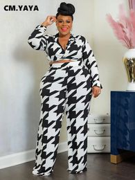 CM.YAYA Vintage Plus Size Tie Dye Houndstooth Straight Pants Suit and Wrap V-neck Long Sleeve Shirt Blouse Two 2Piece Set Outfit 240104