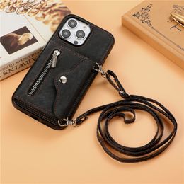 Crossbody Zipper Phone Case for iPhone 15 14 Pro Max Samsung Galaxy S23 S22 S24 Ultra A14 A15 5G A25 A33 A34 A54 A53 Rope Multiple Card Slots Leather Wallet Chain Shell