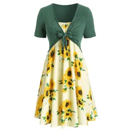 Casual Dresses For Women 2024 Plus Size Short Sleeve Bow Knot Bandage Top Sunflower Print Mini Dress Suit Robe Femme