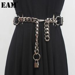 EAM Pu Leather Black Thick Metal Chain Long Wide Belt Personality Women Fashion All-match Spring Autumn 2024 1DD9566 240104