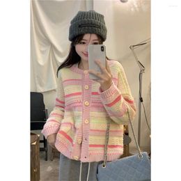 Women's Knits Women Fashion Colourful Sweaters Contrast Colour Long Sleeve Knitting Coat Female Versatile Cute One Breasted Cardigan Lady